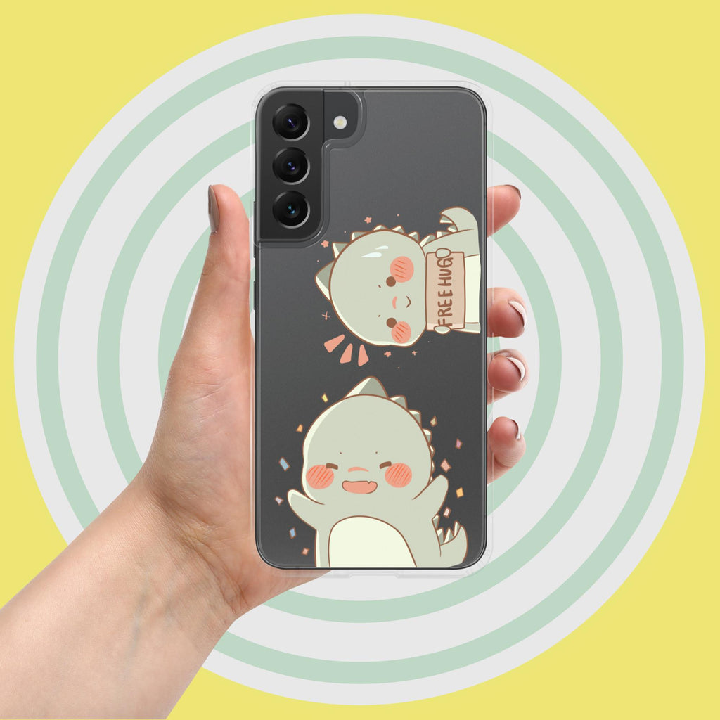 Phone case with cartoon designs held by a hand on a yellow background