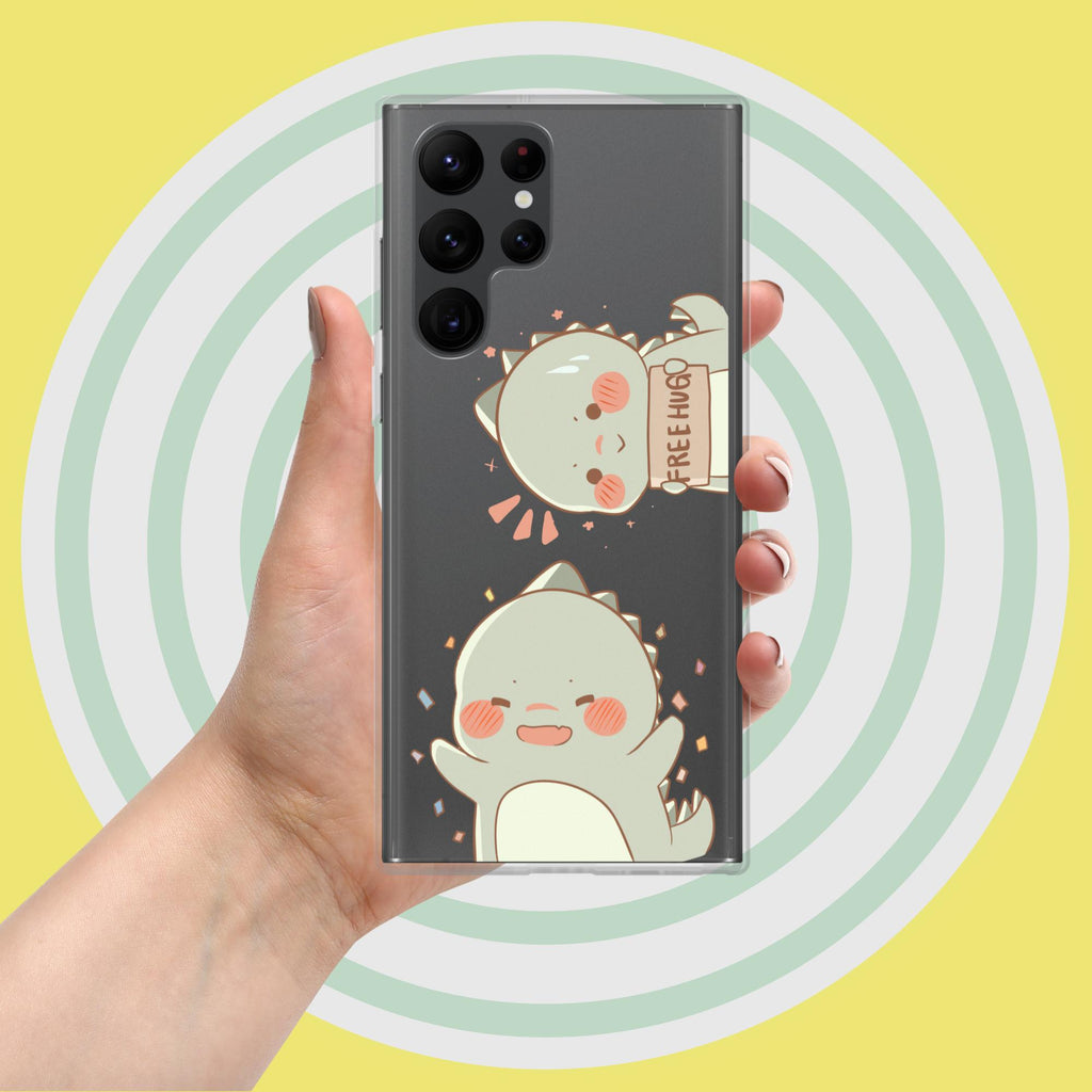 Phone case with cartoon designs held by a hand against a yellow background