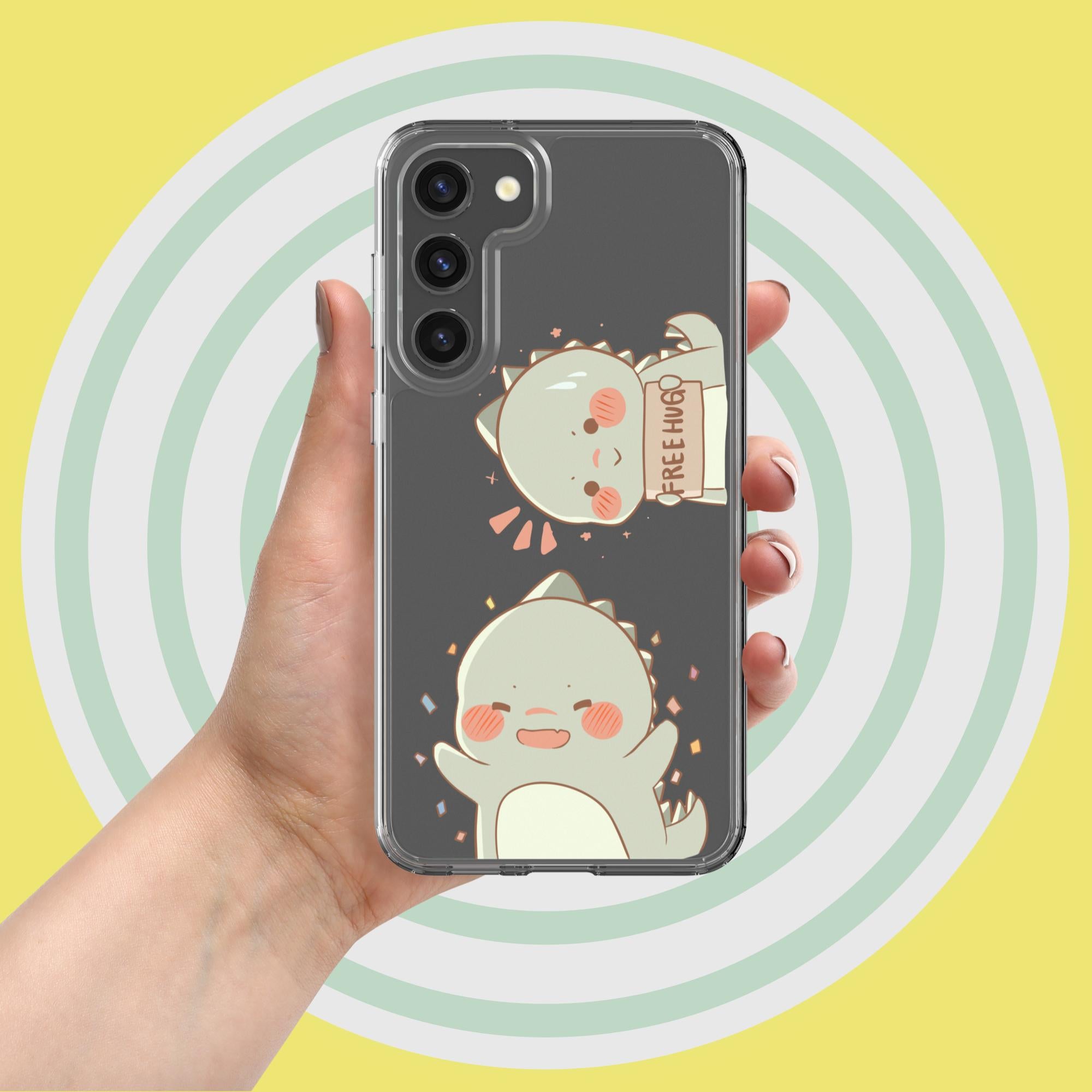 Phone case with cartoon cat design held by a hand against a yellow background