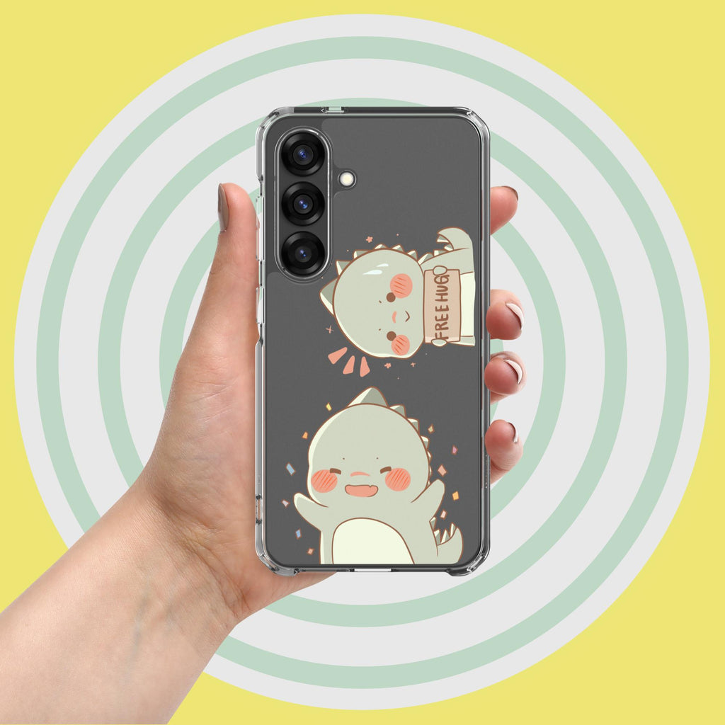 Phone case with cartoon design held by a hand against a yellow background
