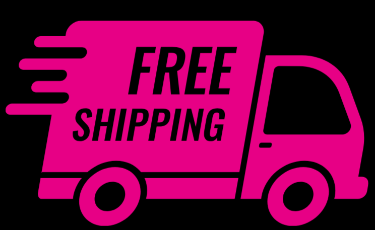 Pink delivery truck icon with 'FREE SHIPPING' text on a black background