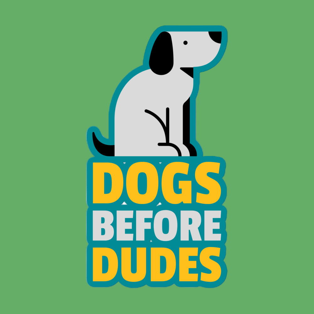 Sticker with a dog illustration and 'DOGS BEFORE DUDES' text on a white background