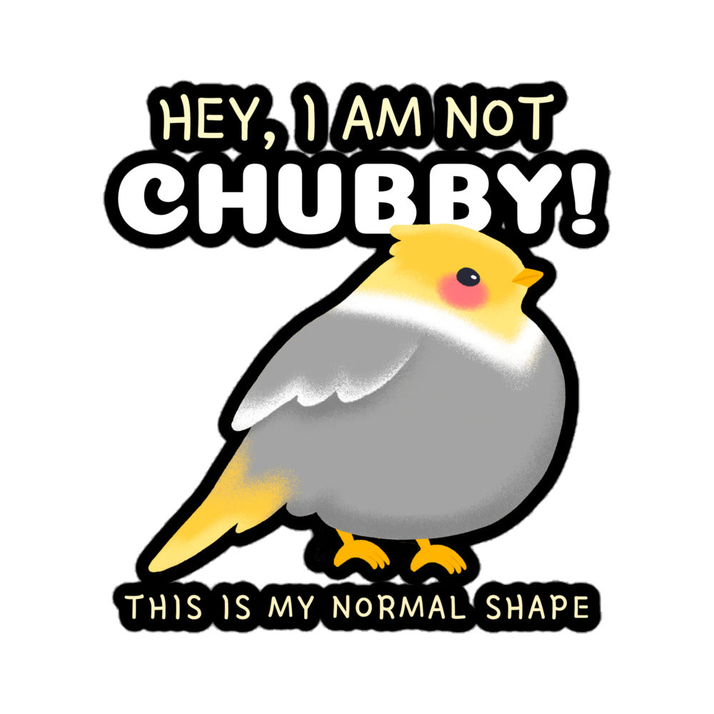 Cartoon bird with text 'Hey, I am not chubby! This is my normal shape' on a white background