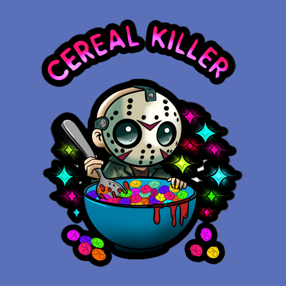 Cartoon character with a mask in a bowl of cereal, surrounded by colorful stars and the text 'Cereal Killer'.