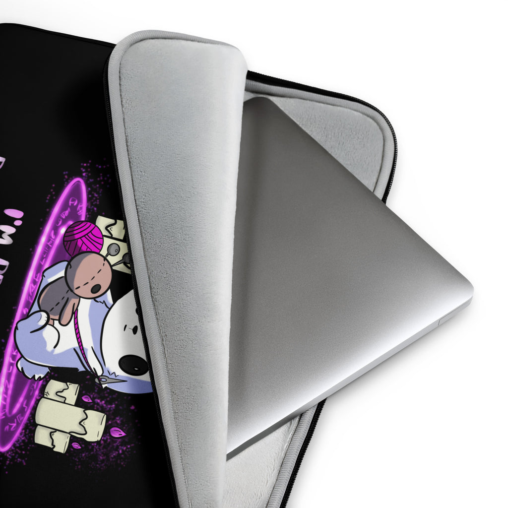 Gray laptop sleeve with cartoon character design on a black background