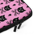 Pink pouch with black cat and crossbones pattern on a white background