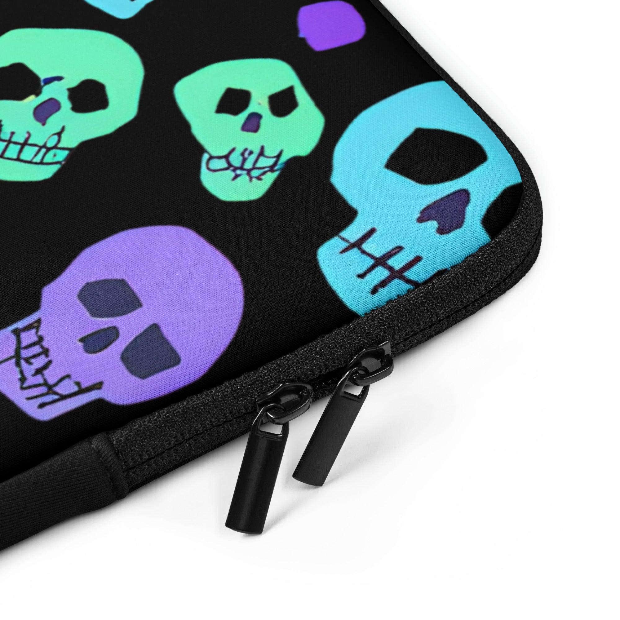 Black pouch with colorful skull patterns on a white background