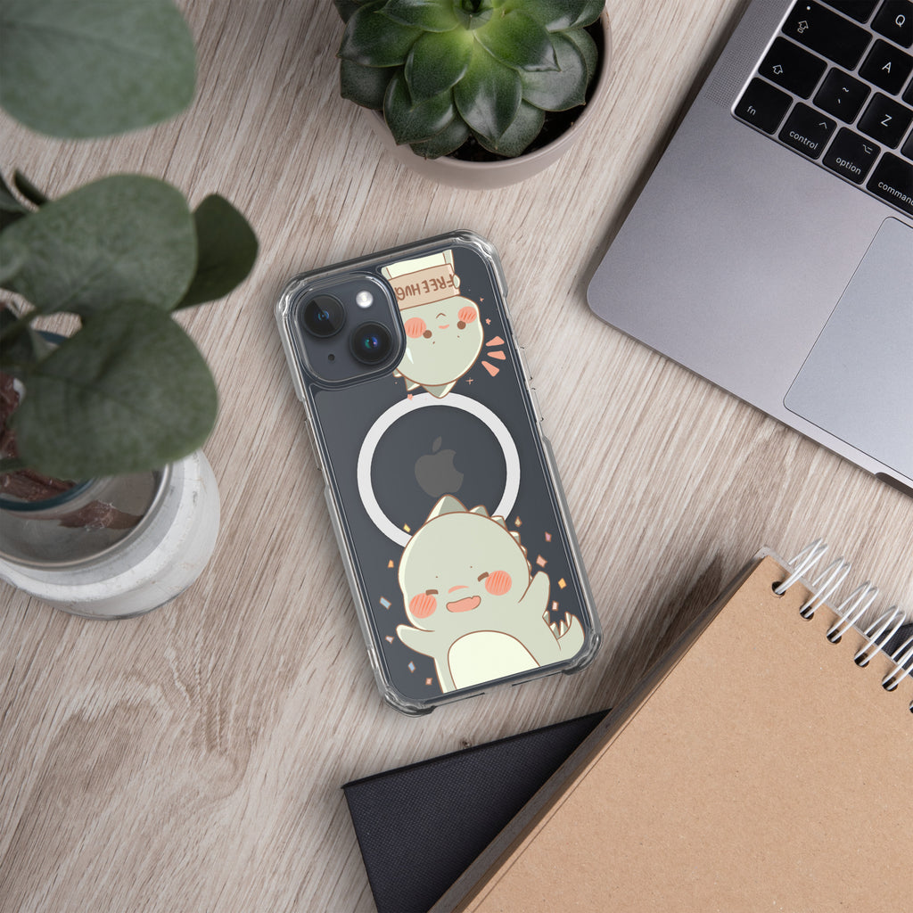 Phone case with cartoon design on a desk with laptop and notebook