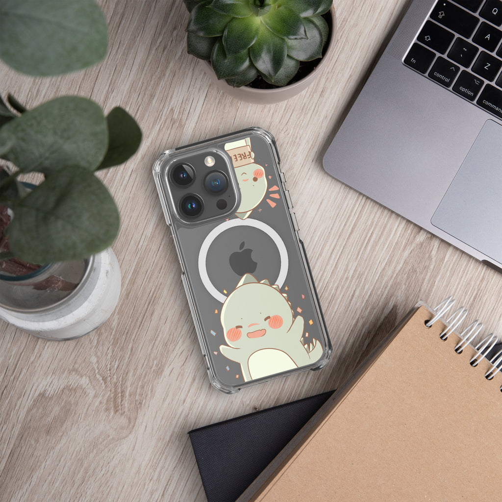 Phone case with cartoon design on a desk with laptop and plants