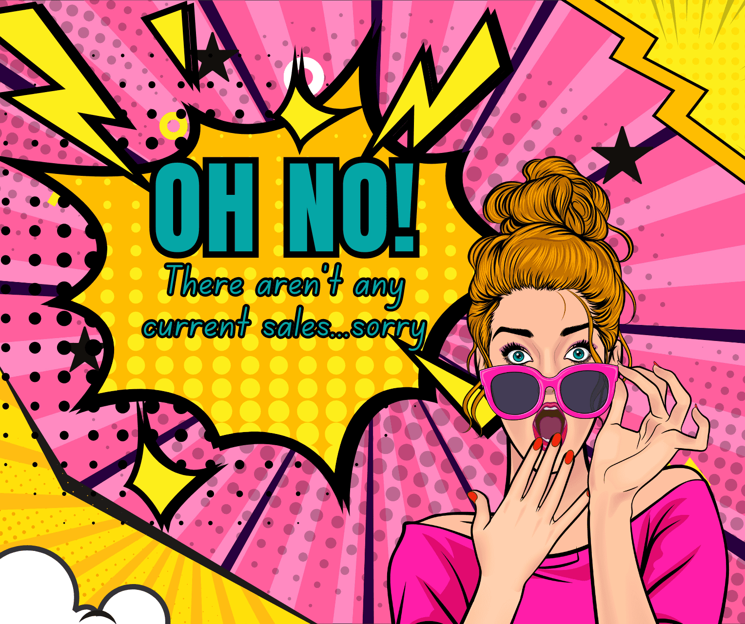 Comic-style illustration with a woman in sunglasses and 'OH NO!' text on a colorful background