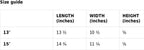 Size guide table with dimensions for different sizes in inches