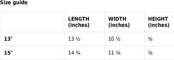 Size guide table with dimensions for different sizes in inches
