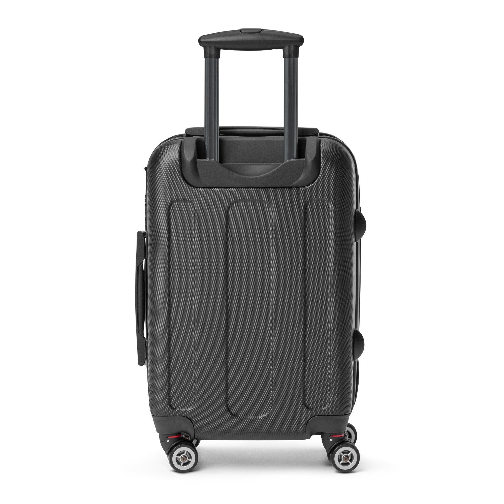 Black suitcase with wheels on a white background