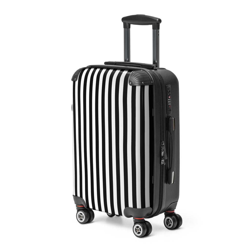 Black and white striped suitcase on a white background