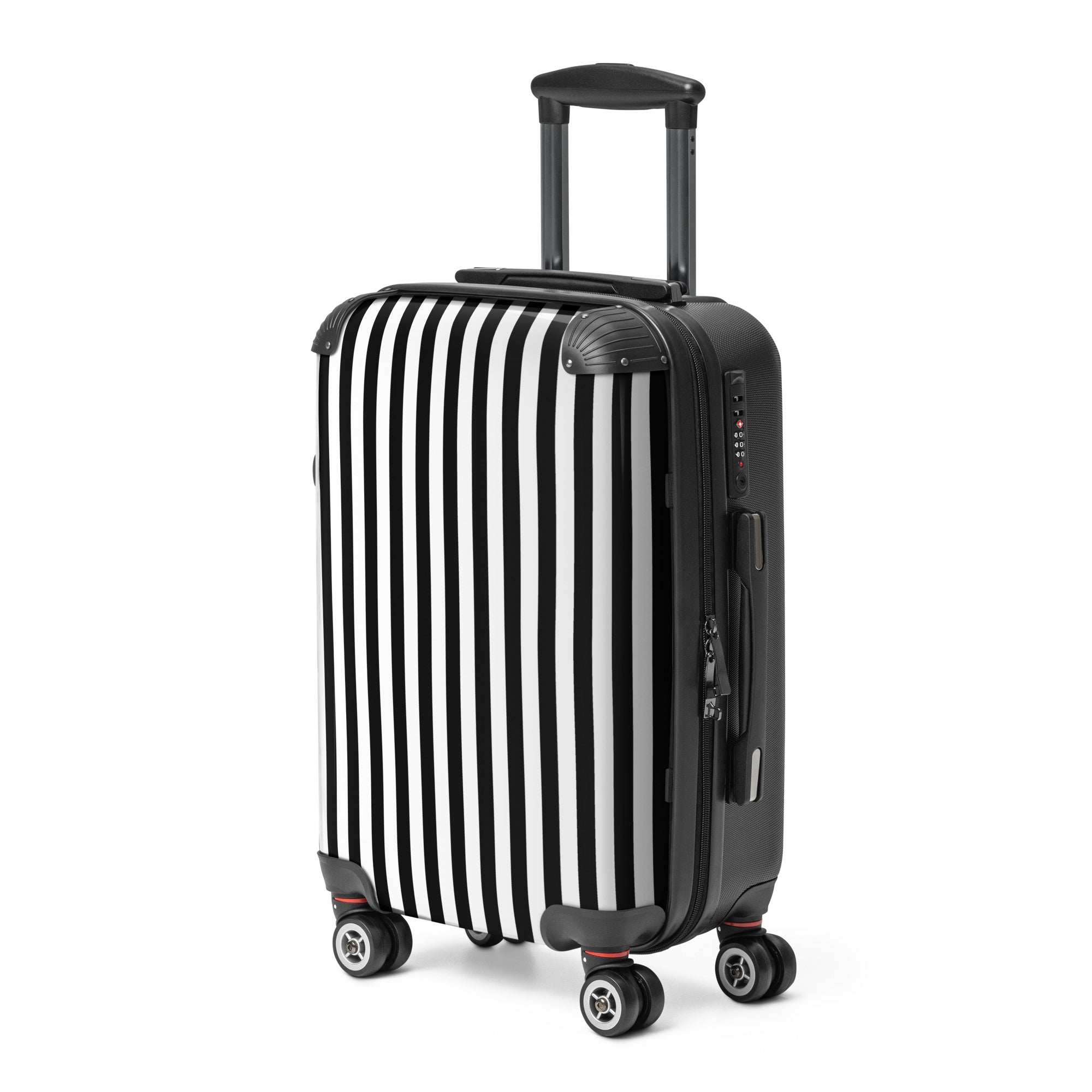 Black and white striped suitcase on a white background