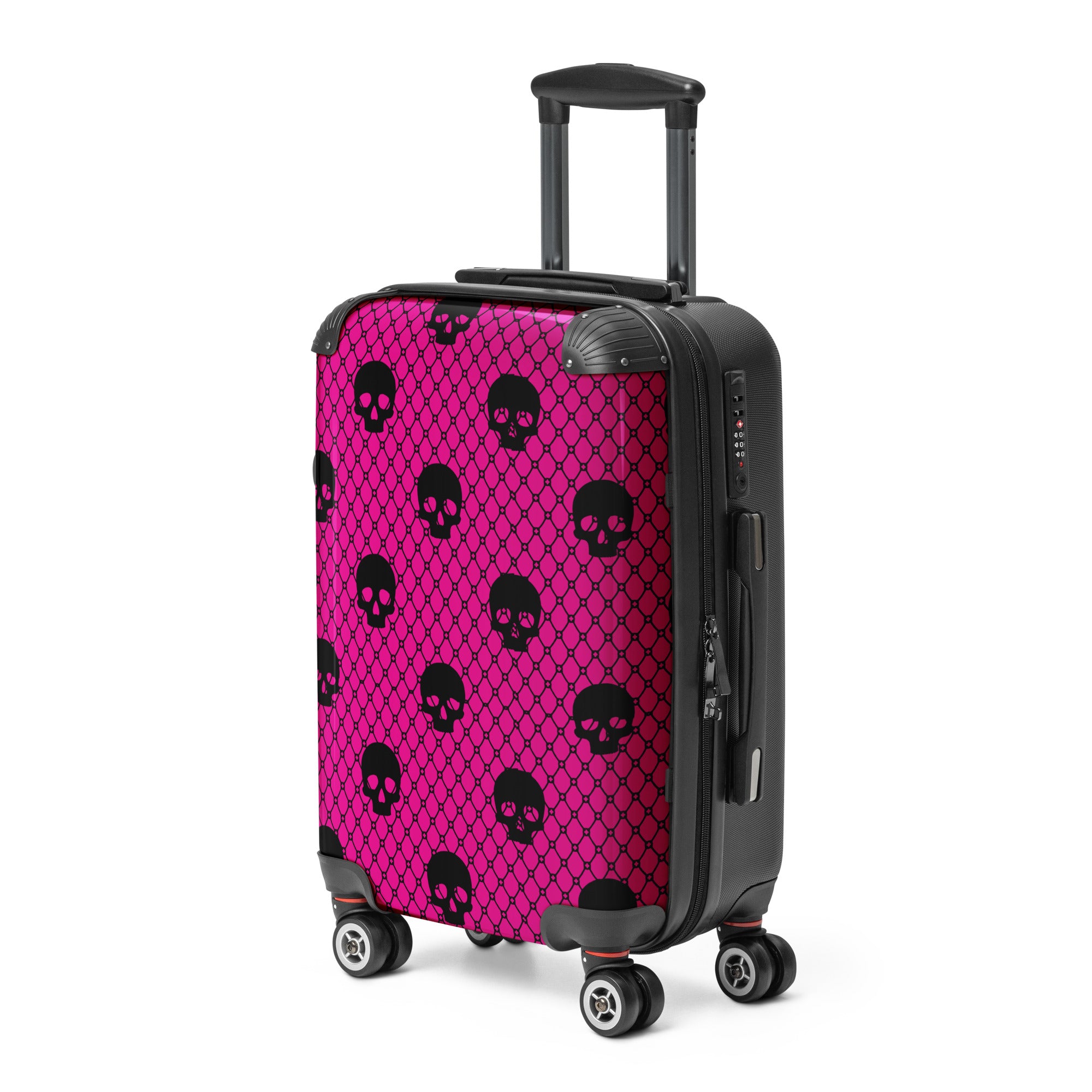 Black suitcase with pink pattern featuring black skulls on a white background