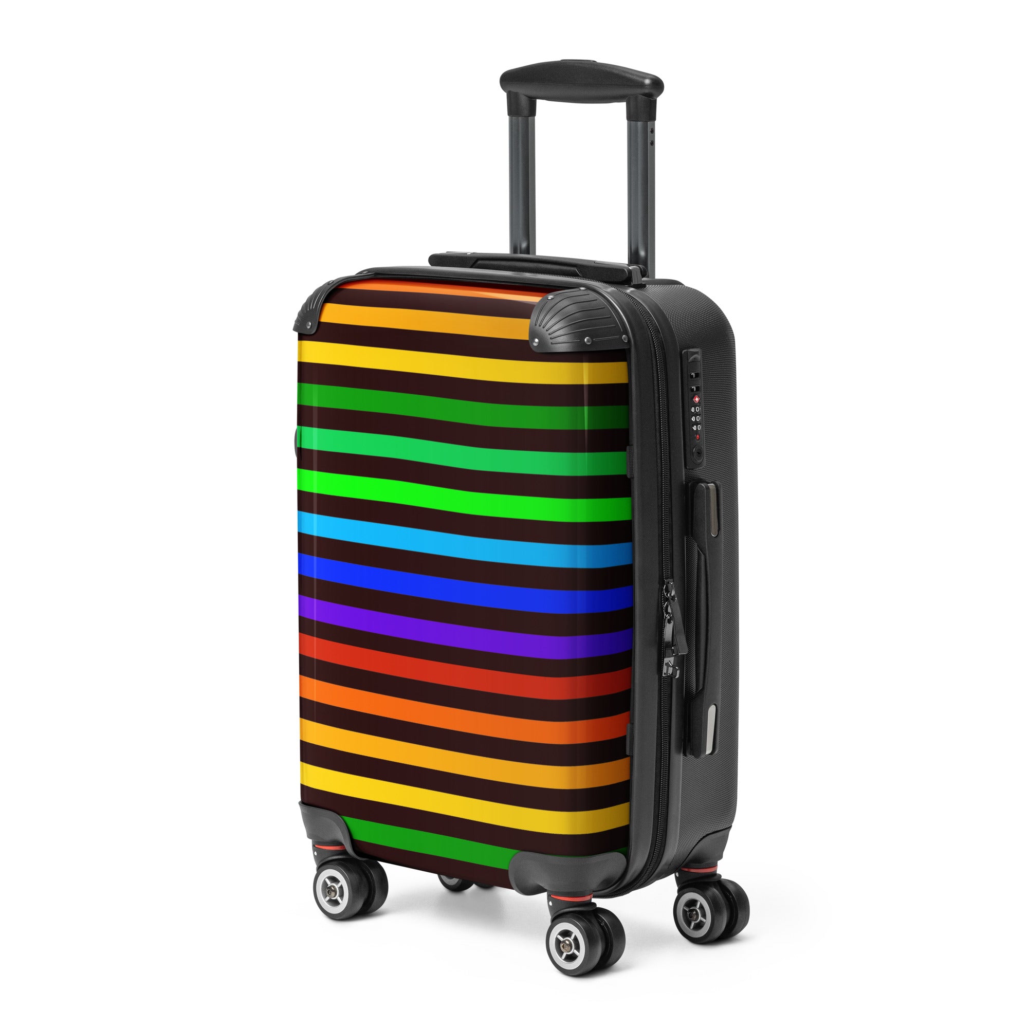 Black suitcase with rainbow striped pattern on a white background