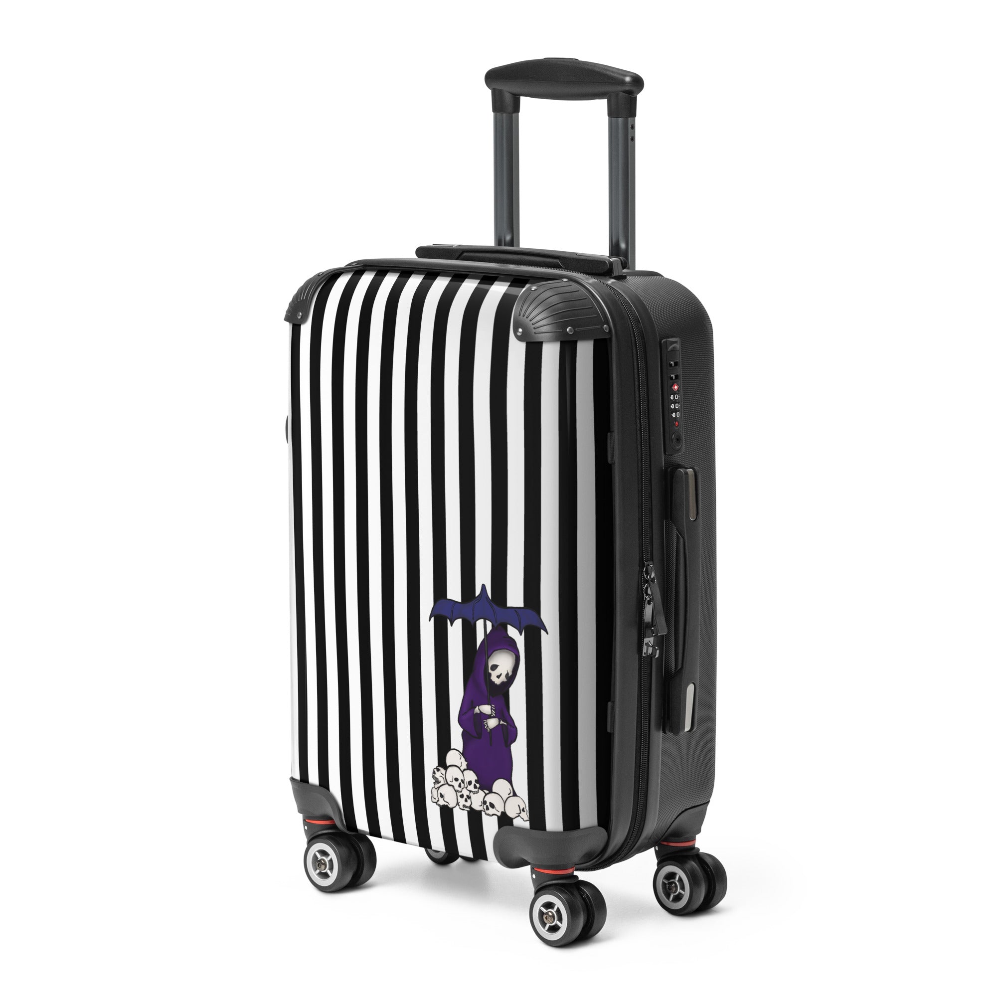 Black and white striped suitcase with a design on a white background