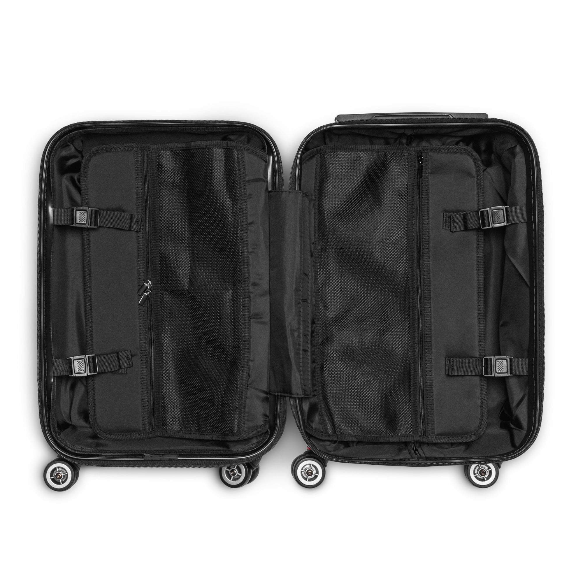 Black suitcase with open compartments on a white background