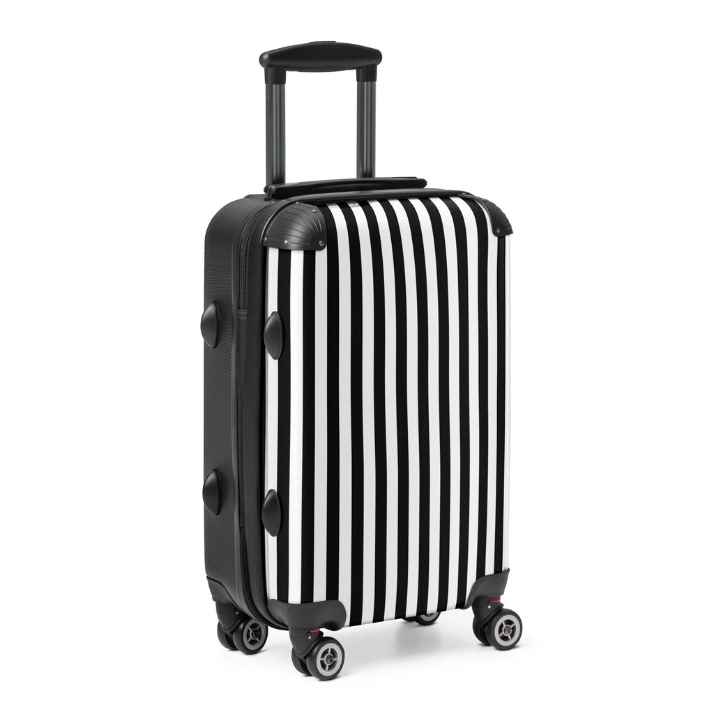 Black and white striped suitcase on a white background