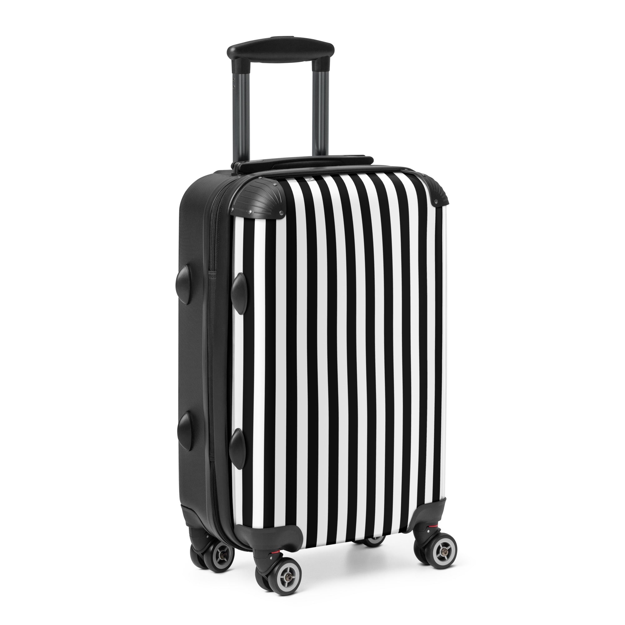 Black and white striped suitcase on a white background