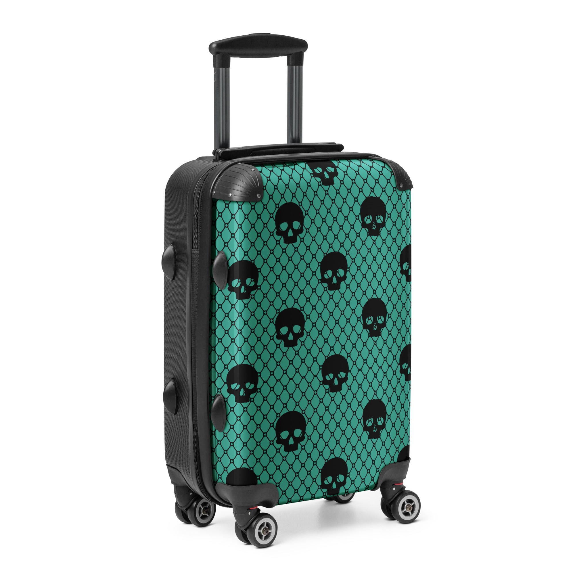 Teal suitcase with black skull pattern on a white background