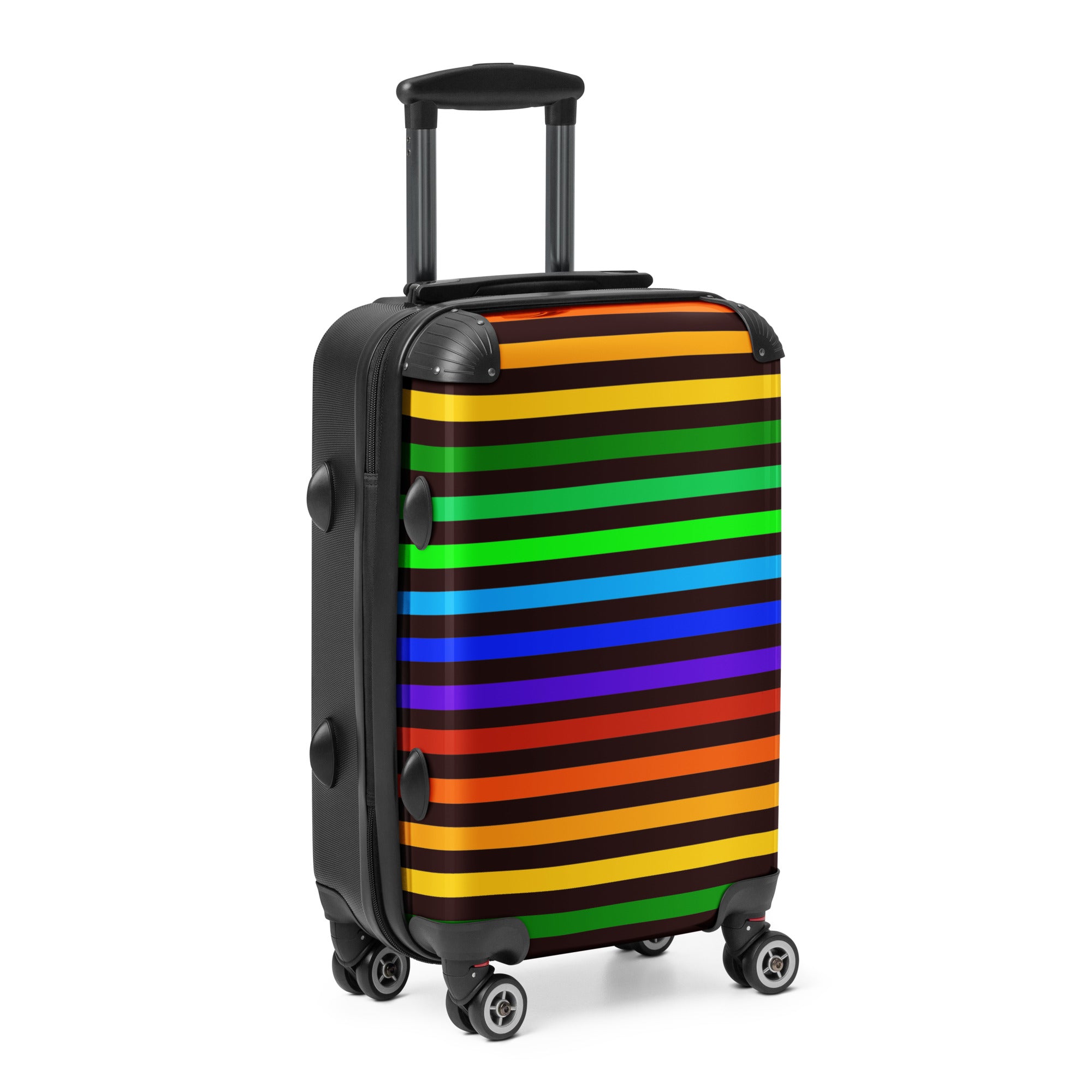 Black suitcase with rainbow striped pattern on a white background
