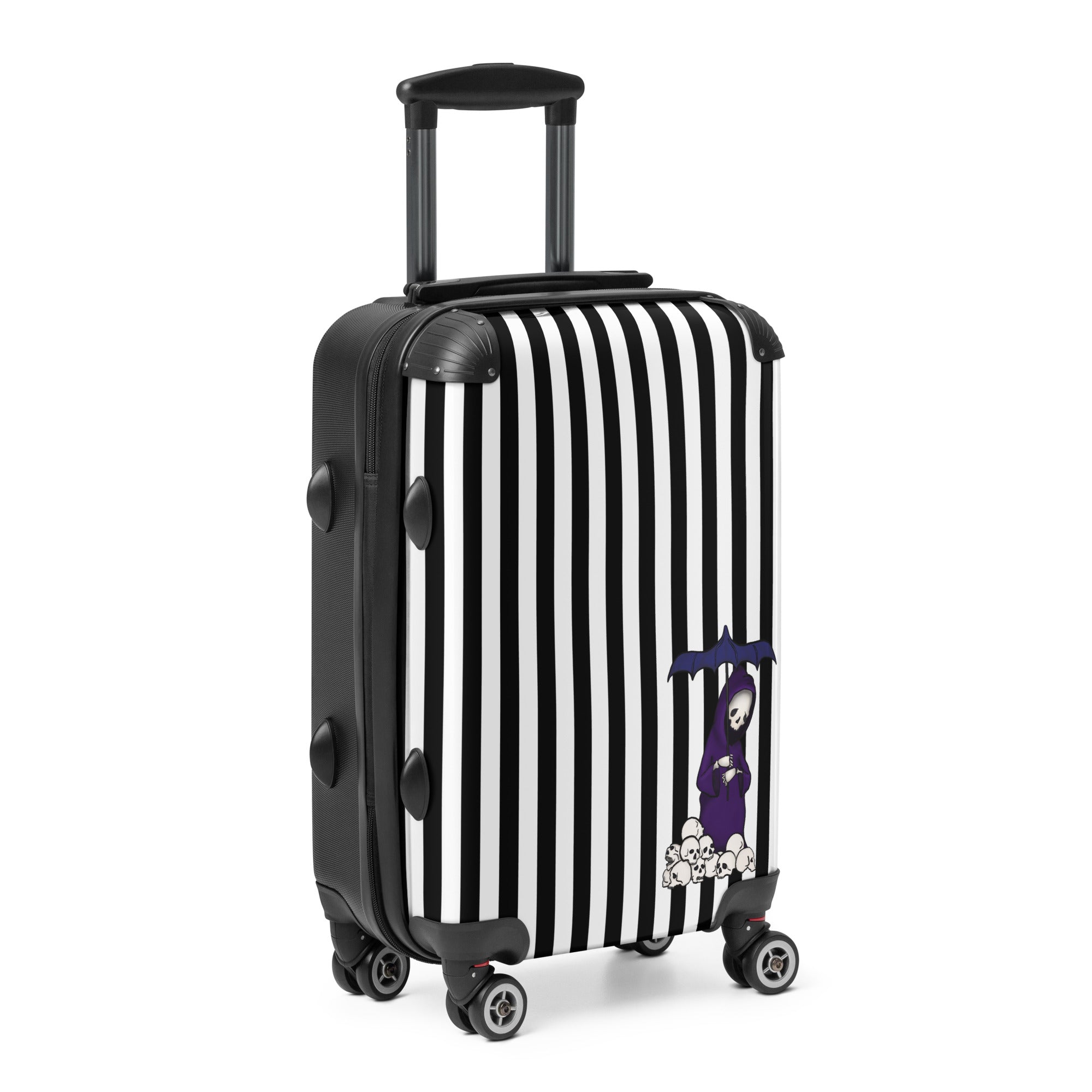 Black and white striped suitcase with a cartoon character on a white background