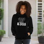 Person wearing a black hoodie with text and graphics on a white background