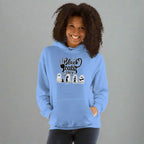 Person wearing a light blue hoodie with 'Black Cats Only' text and graphics on a white background