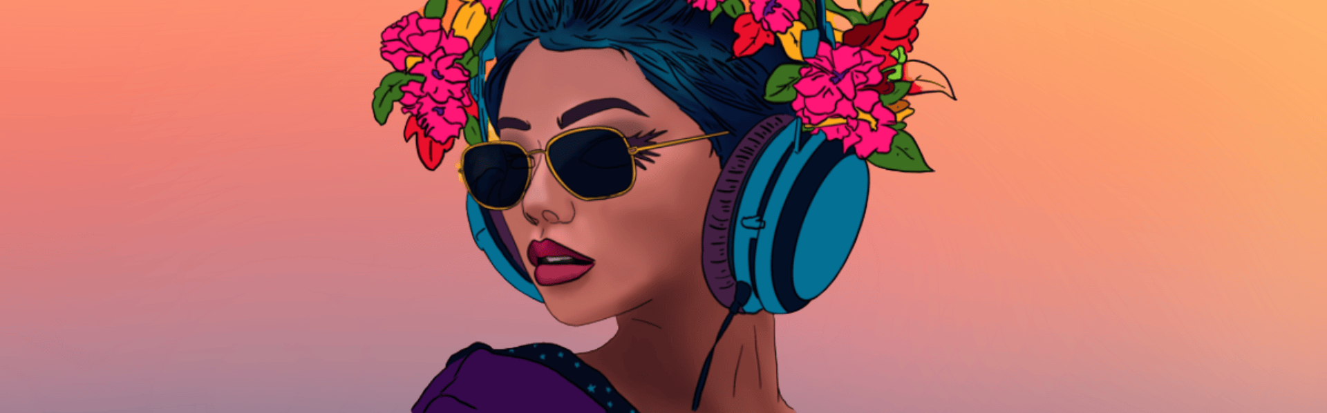Illustration of a person with blue hair and colorful flowers wearing headphones and sunglasses on a gradient background.